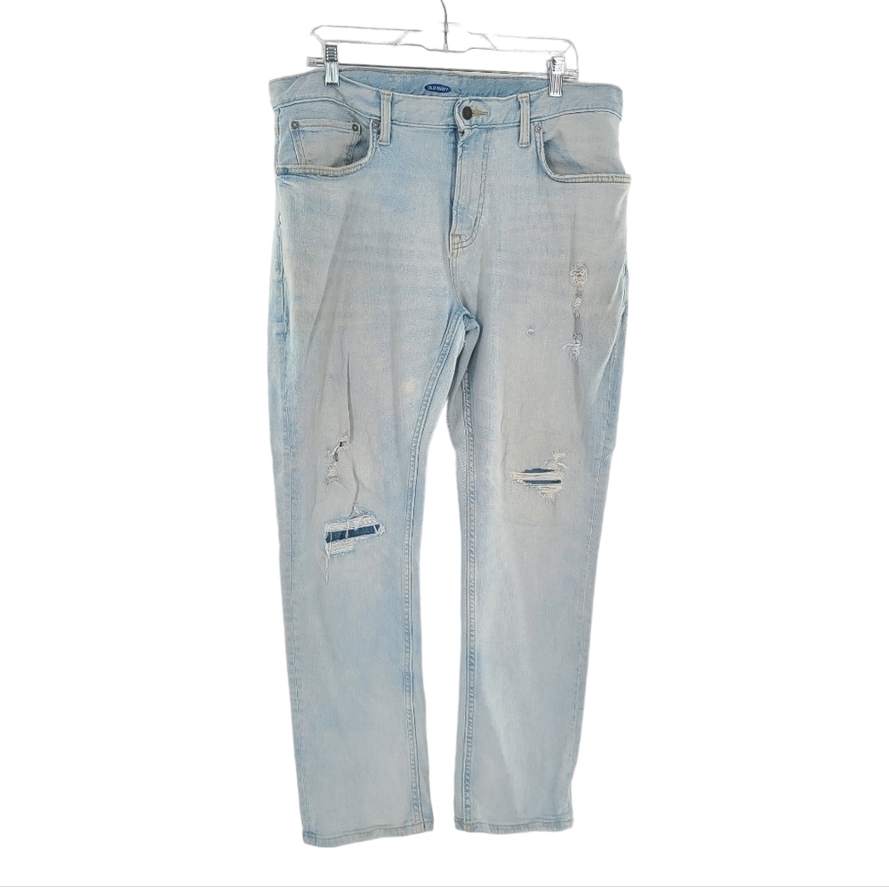 Old Navy Mens Slim 36x 30 Built In Tough Flex Jeans Distressed Light‎ blue